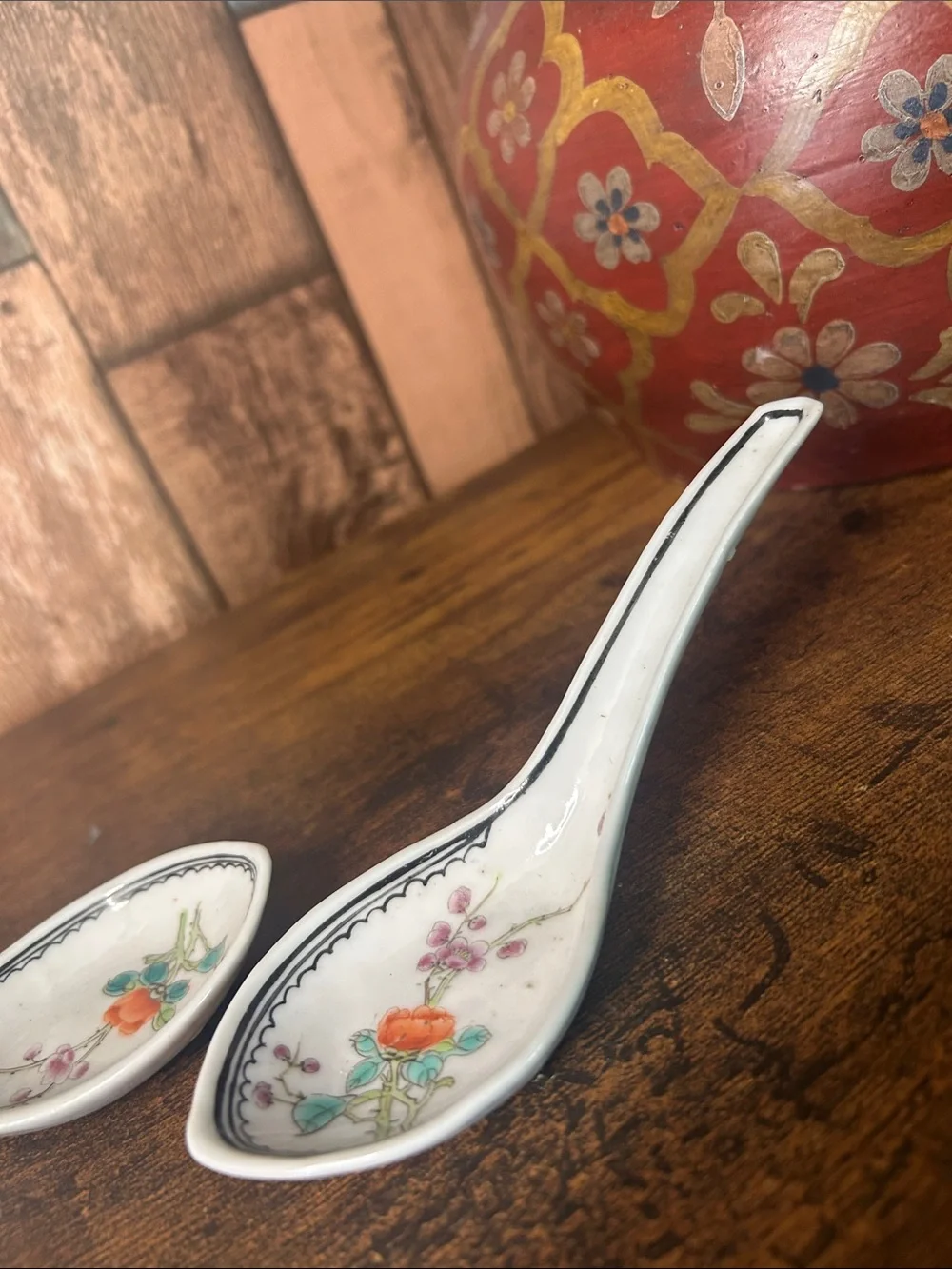 Porcelain Floral Soup Spoons - White with Orange Floral Accent